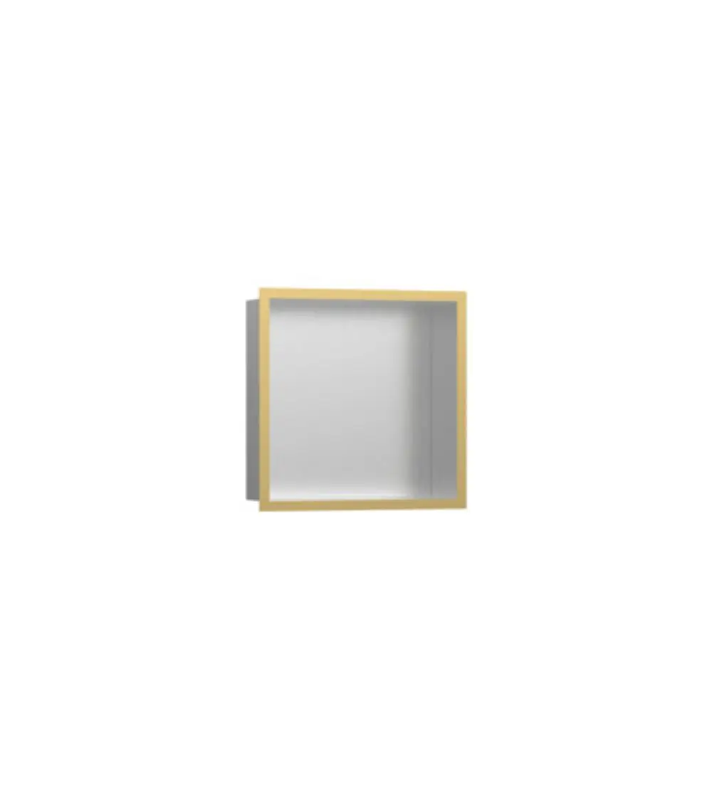 Hansgrohe Wandnische mit einem Designrahmen in goldener Optik. Das Innere der Nische ist klar und hell, für eine elegante Präsentation von Gegenständen.